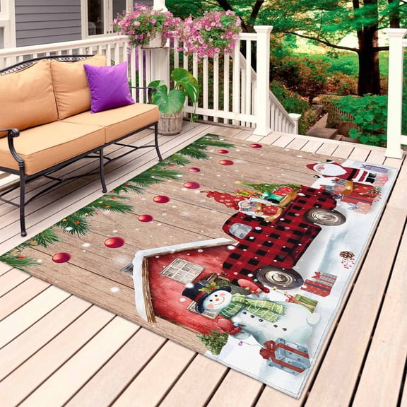 Christmas Gnomes Outdoor Rug 3x5 Ft, Non Slip Washable Area Rug, Snowman Rustic Truck Xmas Tree Balls Snowflakes Patio Rugs Carpet Runner, Large Floor Mat for Indoor/Outdoor Deck Porch Camping