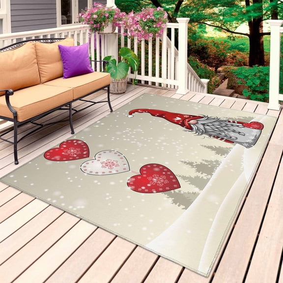 Christmas Gnomes Outdoor Rug 3x5 Ft, Non Slip Washable Area Rug, Xmas Love Hearts Snowflakes Holiday Patio Rugs Carpet Runner, Large Floor Mat for Indoor/Outdoor Deck Porch Camping