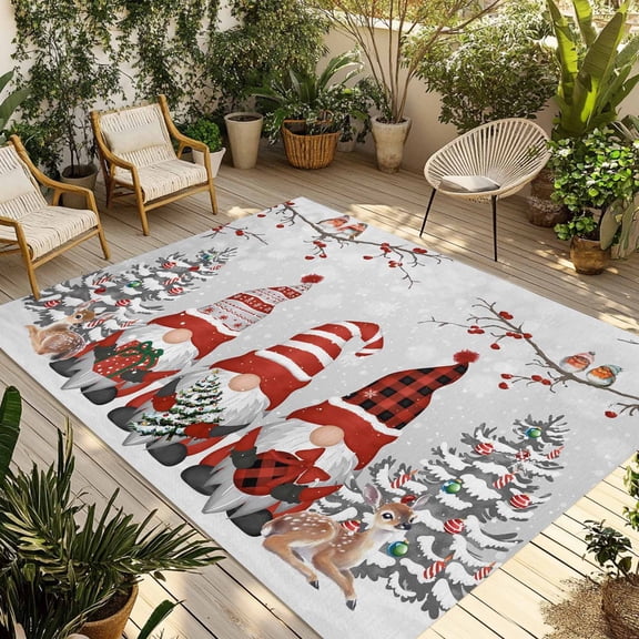 Christmas Gnomes Outdoor Rug for Patio/Deck/Porch, Non-Slip Large Area Rug 3 x 5 Ft, Xmas Tree Cardinal on Branches Winter Snowflakes Indoor Outdoor Rugs Washable Area Rugs, Camping Rug Carpet Runner