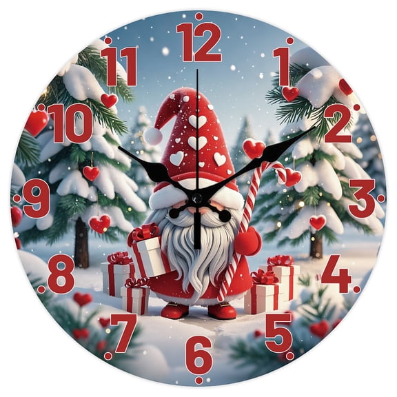 Christmas Gnomes Pattern Wall Clock 12 Inch Non-Ticking Gift Box Clocks Round Wall Hanging Clock Battery Operated for Bedroom Living Room Kitchen