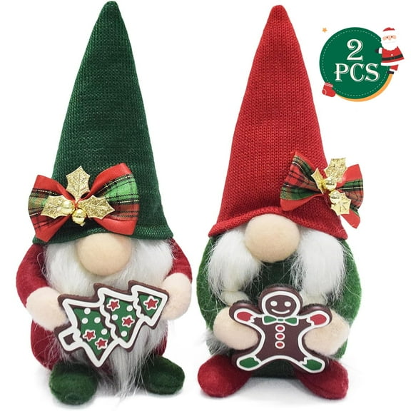Christmas Gnomes Plush, Christmas Gnomes With Gingerbread and Christmas Tree, Handmade Xmas Tomte Swedish Nordic Red Green Gnomes Figurine Classical Navidad Elf Gifts Ornaments for Home Office Decor