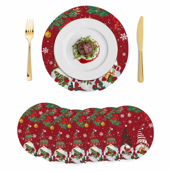 Christmas Gnomes Round Placemats Set of 6, Braided Polypropylene Place Mats, Red Joy Pine Branches Cardinal Birds Washable Table Mats for Kitchen Dinner Holiday Wedding Party Coffee Table Decor 15"