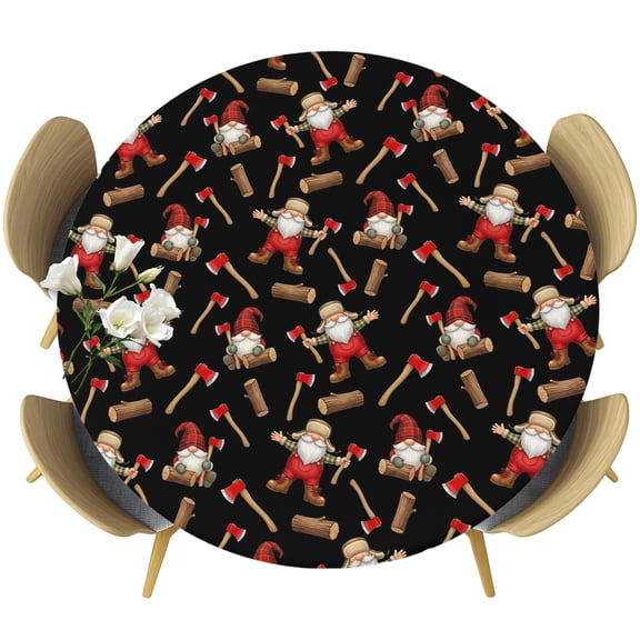 Christmas Gnomes Round Tablecloth 36-44 Inch Round Fitted Table Cloth with Elastic Edge, Black Xmas Star Hat Axe Wood Cartoon Waterproof Table Cover Protector for Outdoor Picnic Party Dining