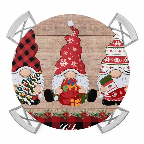 Christmas Gnomes Round Tablecloth for 55-60 Inch Tables,Fitted Table Cover with Elastic Edge,Xmas Tree Gift Wooden Red Black Plaid Waterproof Outdoor Table Cloth Protector for Patio Garden Dinner