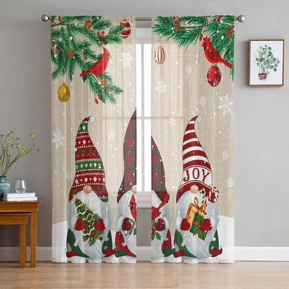 Christmas Gnomes Semi Sheer Curtains 84 Inch Length 2 Panels Set, Brow Pine Branches Cardinal Birds Sheer Kitchen Curtain Privacy Voile Window Curtain for Living Room Bedroom Rod Pocket Drapes