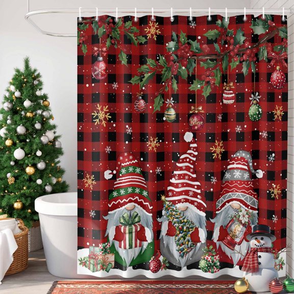 Christmas Gnomes Shower Curtain, 36" x 72", Cute Xmas Gnome Tree Balls Gifts Winter Snowfalkes Red Plaid Waterproof Bathroom Curtain Washable Shower Curtain Set with 12 Hooks
