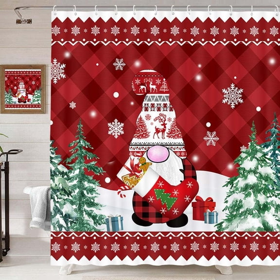 Christmas Gnomes Shower Curtain for Bathroom, Merry Xmas Elves Red Black Buffalo Plaid Bath Curtains, Snowflake Xmas Tree Bathtubs Holiday Decor Fabric Bath Accessories Set Curtains with 12 Hooks
