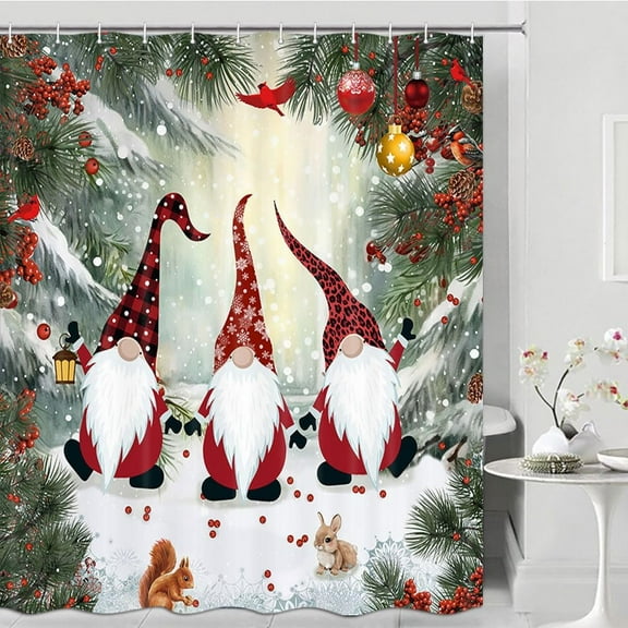 Christmas Gnomes Shower Curtain, Funny Elf with Red Birds in Snowy Cedar Forest Restroom Curtains, Cute Western Bunny Squirrel Wild Hunting Fabric Bathroom Decor Curtain with 12 Hooks, 72X72in