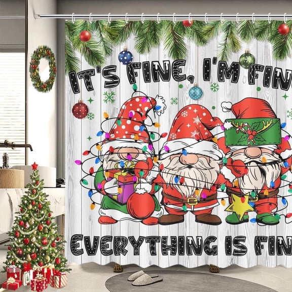 Christmas Gnomes Shower Curtain Red Gnomes It''s Fine I''m Fine Everything is Fine Bathroom Home Decor Winter Cute Dwarf Gift Boxes Shower Curtain Waterproof Fabric with 12 Hooks 72x72 Inch