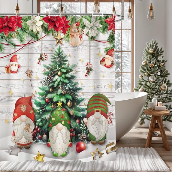 Christmas Gnomes Shower Curtain Rustic Xmas Tree Wood Christmas Balls Bathroom Decoration Winter Snow New Year Holiday Decorative Shower Curtains Waterproof Washable Durable Fabric 72x72In