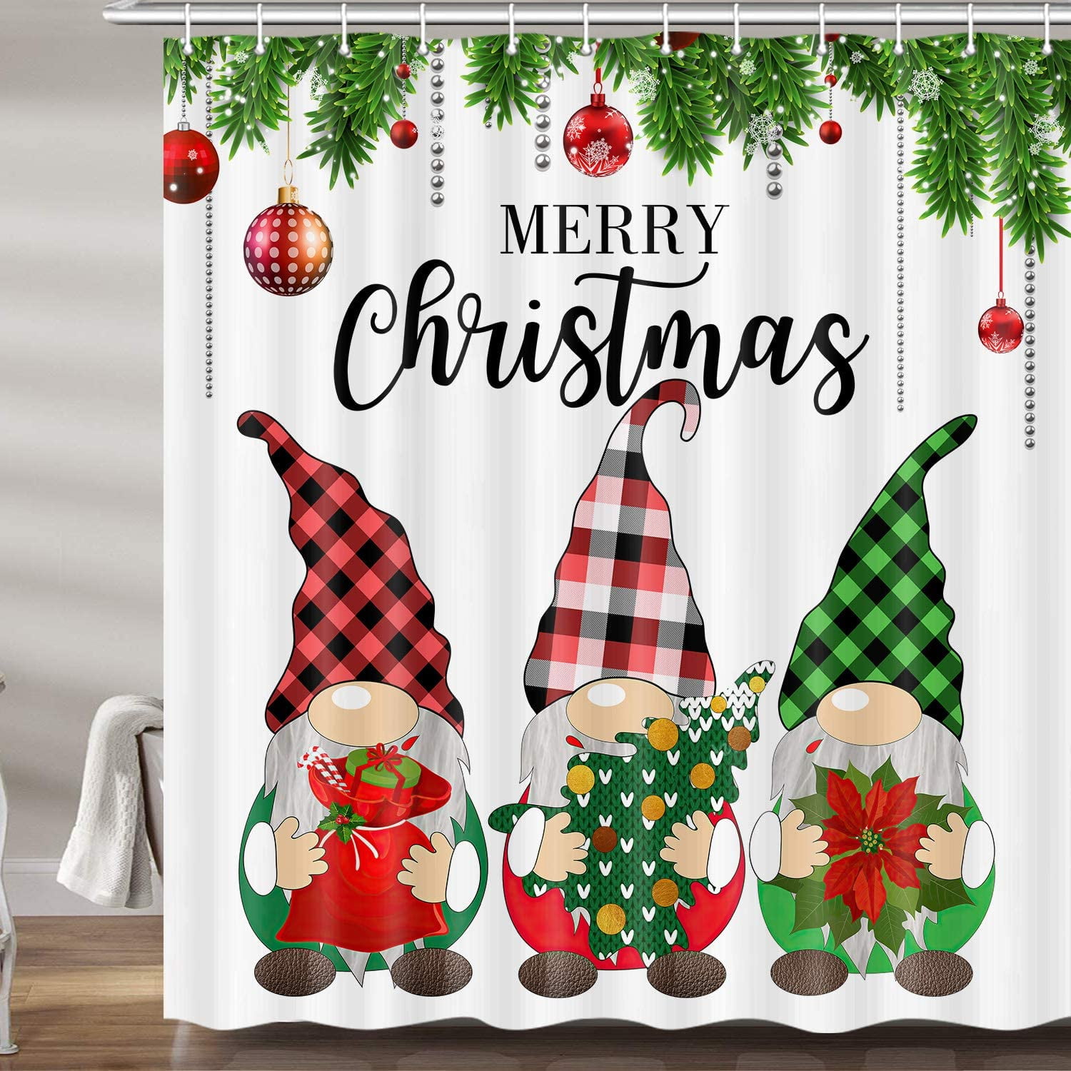 Christmas Gnomes Shower Curtain Set, Cute Winter Xmas Holiday Tree Buffalo Check Plaid Fabric