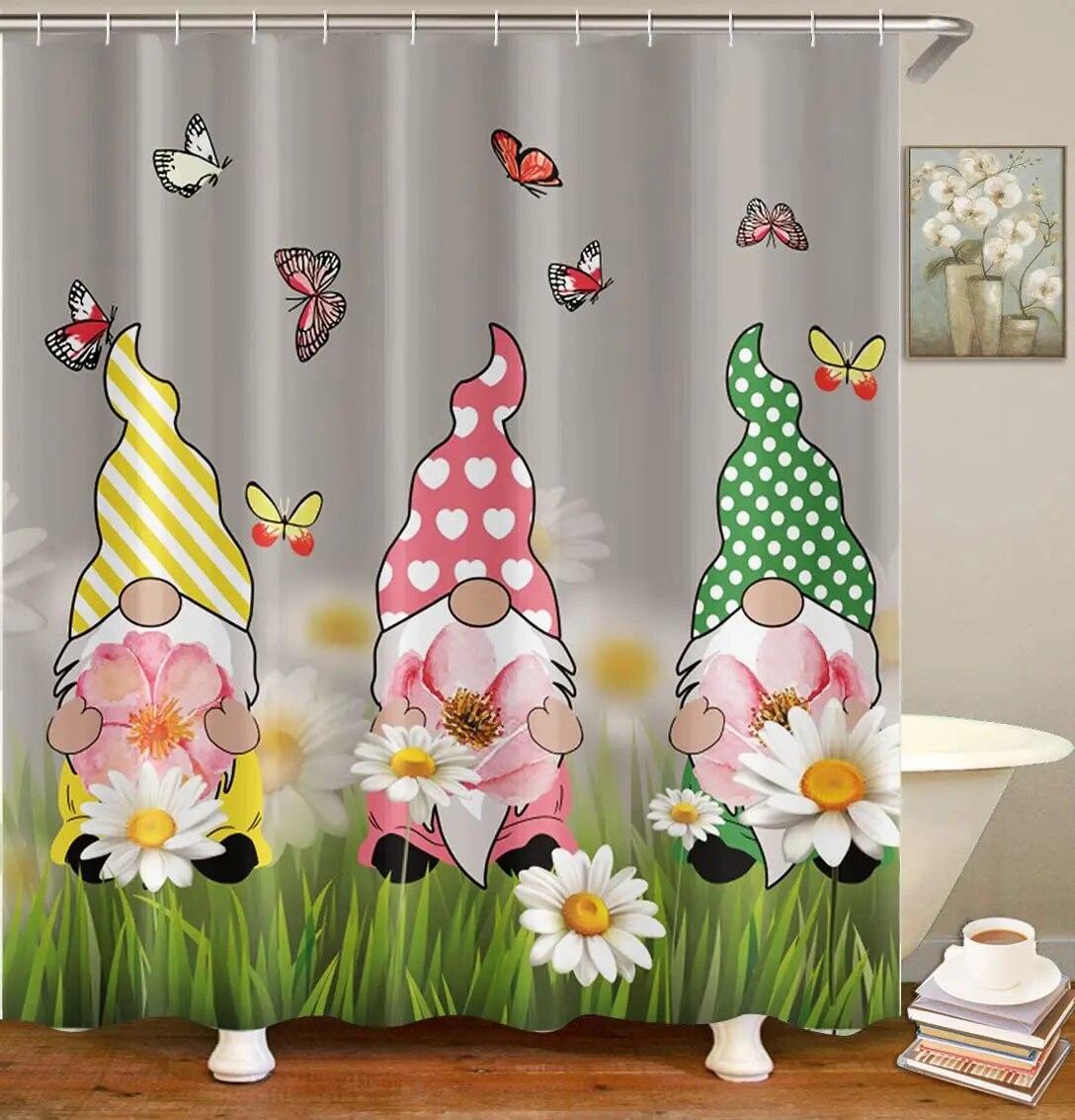 Christmas Gnomes Shower Curtain Set Cute Winter Xmas Holiday Tree