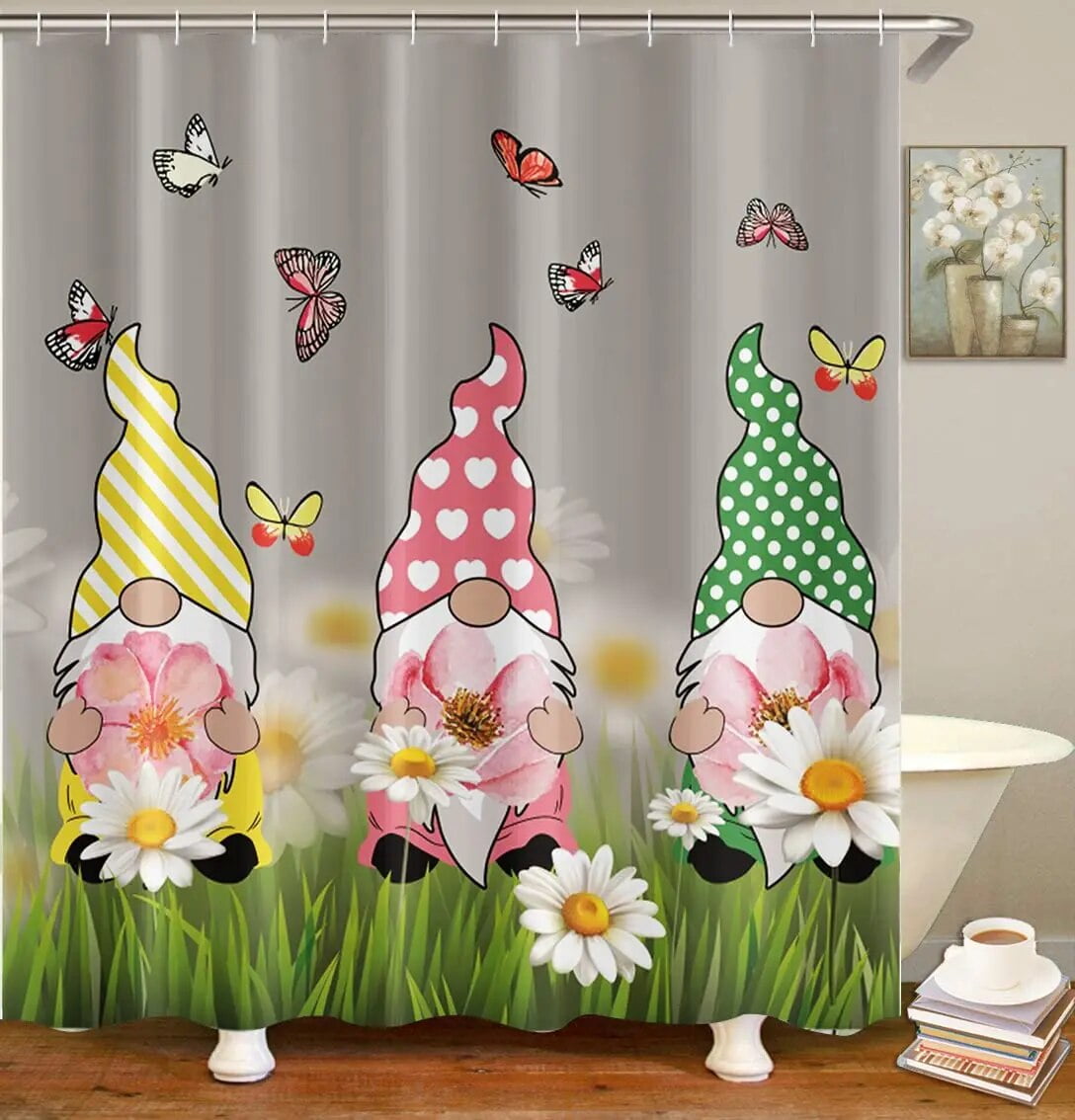 Christmas Gnomes Shower Curtain Set Cute Winter xmas Holiday Tree