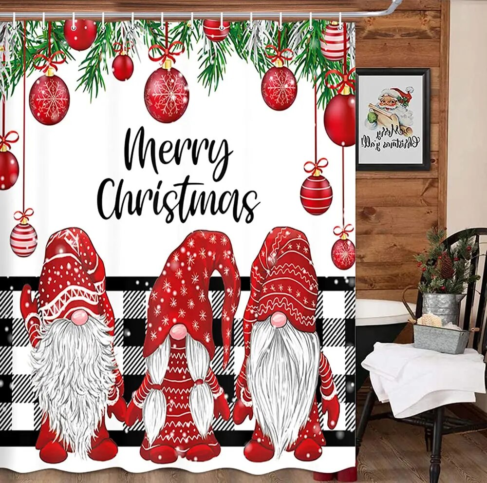 Christmas Gnomes Shower Curtain Set Cute Winter xmas Holiday Tree