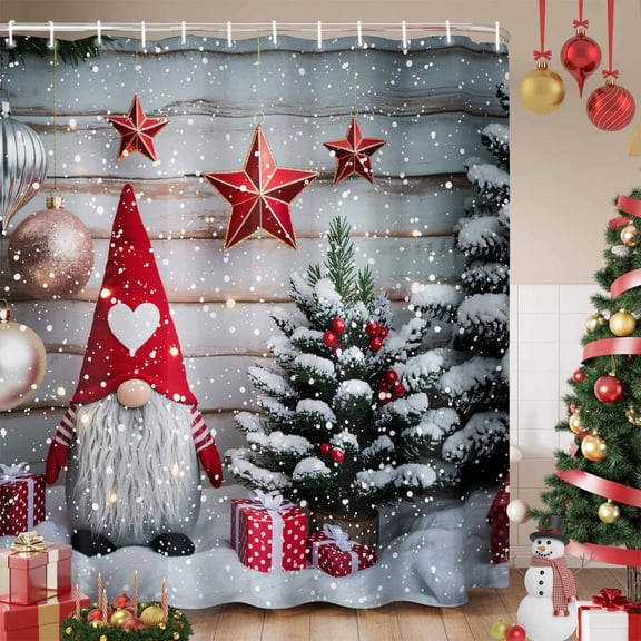 Christmas Gnomes Shower Curtain, Winter Farmhouse Xmas Balls Tree Waterproof Fabric Shower Curtains with 12 Hooks, Bathroom Curtain Set for Bathroom Accessories Decor, 36 x 72 Inches
