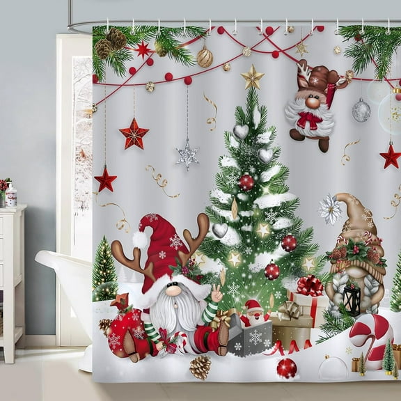 Christmas Gnomes Shower Curtain Xmas Tree Balls Gift Boxes Winter Holiday Decorative Bath Curtain 72 x 72 Inch Polyester Fabric Waterproof Bathroom Curtain with 12 Hooks