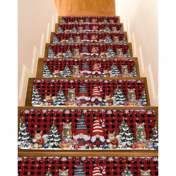 Christmas Gnomes Stair Treads for Wooden Steps Indoor Runner Rug Carpet, Winter Cat Pine Trees Red Black Plaid 4 Pieces Peel and Stick Staircase Step Treads Covers Washable Throw Door Mats, 30"x8"