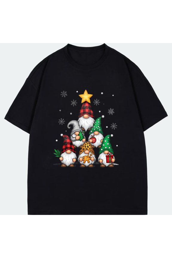 Christmas Gnomes T-Shirt Black Christmas Tree Gnome Pattern Holiday Party Wear