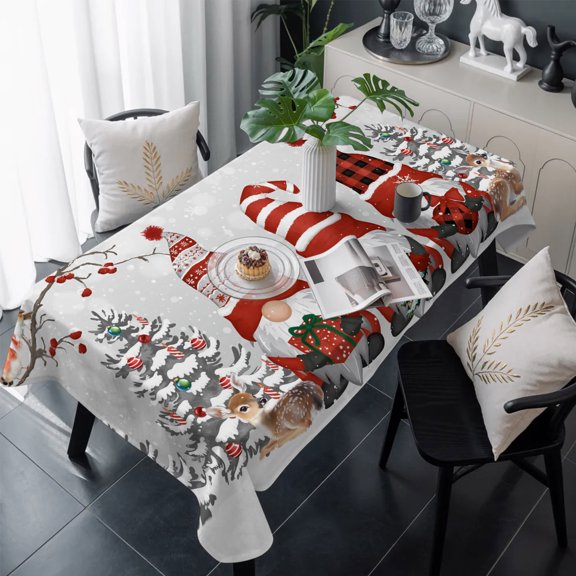 Christmas Gnomes Table Cloth Waterproof Tablecloths, Xmas Tree Cardinal on Branches Winter Snowflakes Tablecloth Dining Table Cover for Kitchen Party Outdoor, Rectangle Tablecloth 60x120 Inch