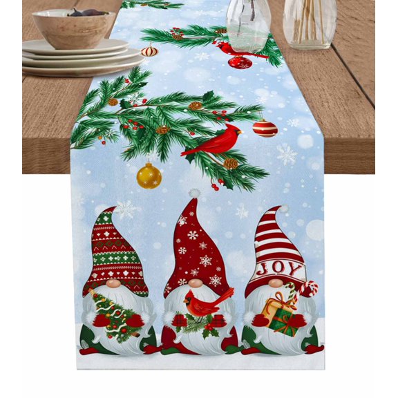 Christmas Gnomes Table Runner 120 Inches, Blue Pine Branches Cardinal Birds Bed Runner Dresser Scarves Tabletop for Indoor Outdoor Parties/Ceremony/Banquet, 13"x 120"