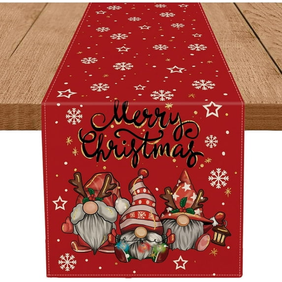 Christmas Gnomes Table Runner Red Snowflake Winter Decorations Glitter Xmas Holiday Kitchen Dining Merry Christmas Decor 13x90 inch