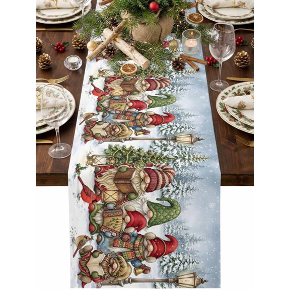 Christmas Gnomes Table Runner, Winter Xmas Tree Snowflake Cardinal Bird Washable Cotton Linen Table Runners 90 Inches Long, Dresser Scarf Runner for Dining/Coffee/Kitchen/Hallway Tables 13''x90''