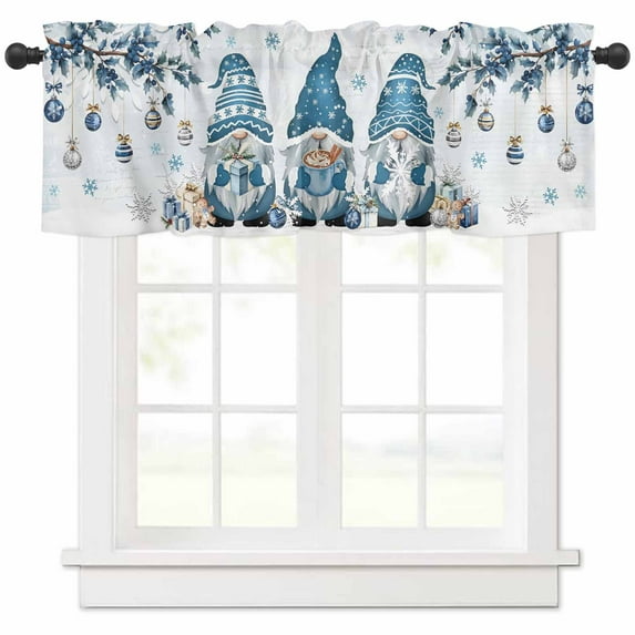 Christmas Gnomes Valances for Windows, Xmas Cute Blue Gnomes Branch Balls Gifts Winter Snowflakes Light Filtering Window Treatment Valances, Rod Pocket Small Curtains for Kitchen/Bathroom, 56"x16"