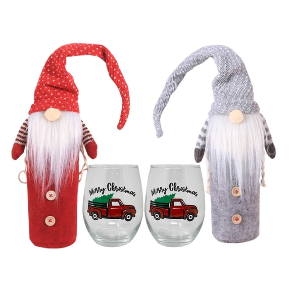 Christmas Gnomes Wine Bottle Cover with 15 oz Red Truck Wine Glasses, Handmade Swedish Tomte Gnomes Wine Bottle Toppers Santa Claus Bottle Bags for Holiday Home Christmas Decorations Gift