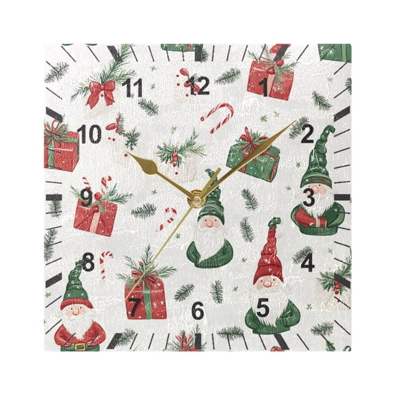 Christmas Gnomes and Presents Wall Clock Battery Operated Silent Non-Ticking Bedroom Office Kitchen Home School Decor 7.8"(Gold)