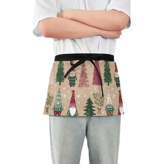 Christmas Gnomes in Christmas Tree Forest Short Server Apron with 3 Pockets for Unisex Chef Gardening