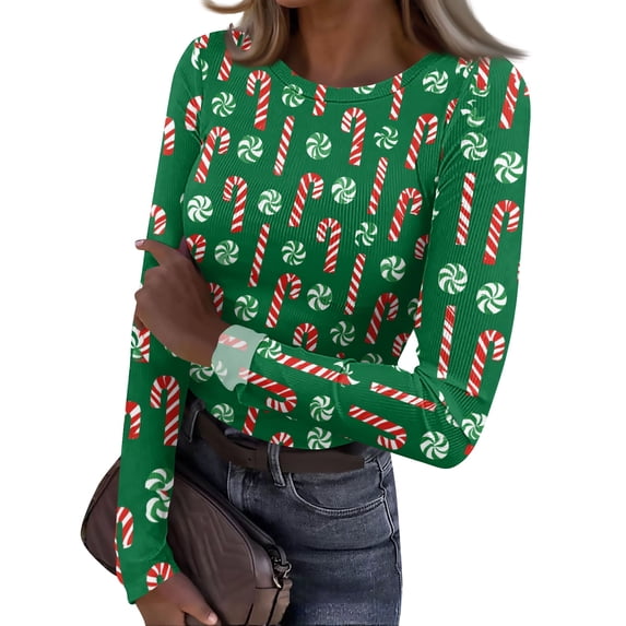 Christmas Going Out Tops for Women Long Sleeve Ribbed Fitted Slim Novelty Xmas Christmas Graphic Tee Blouses Spring Fall Trendy Holiday Crew Neck Thermal Undershirts