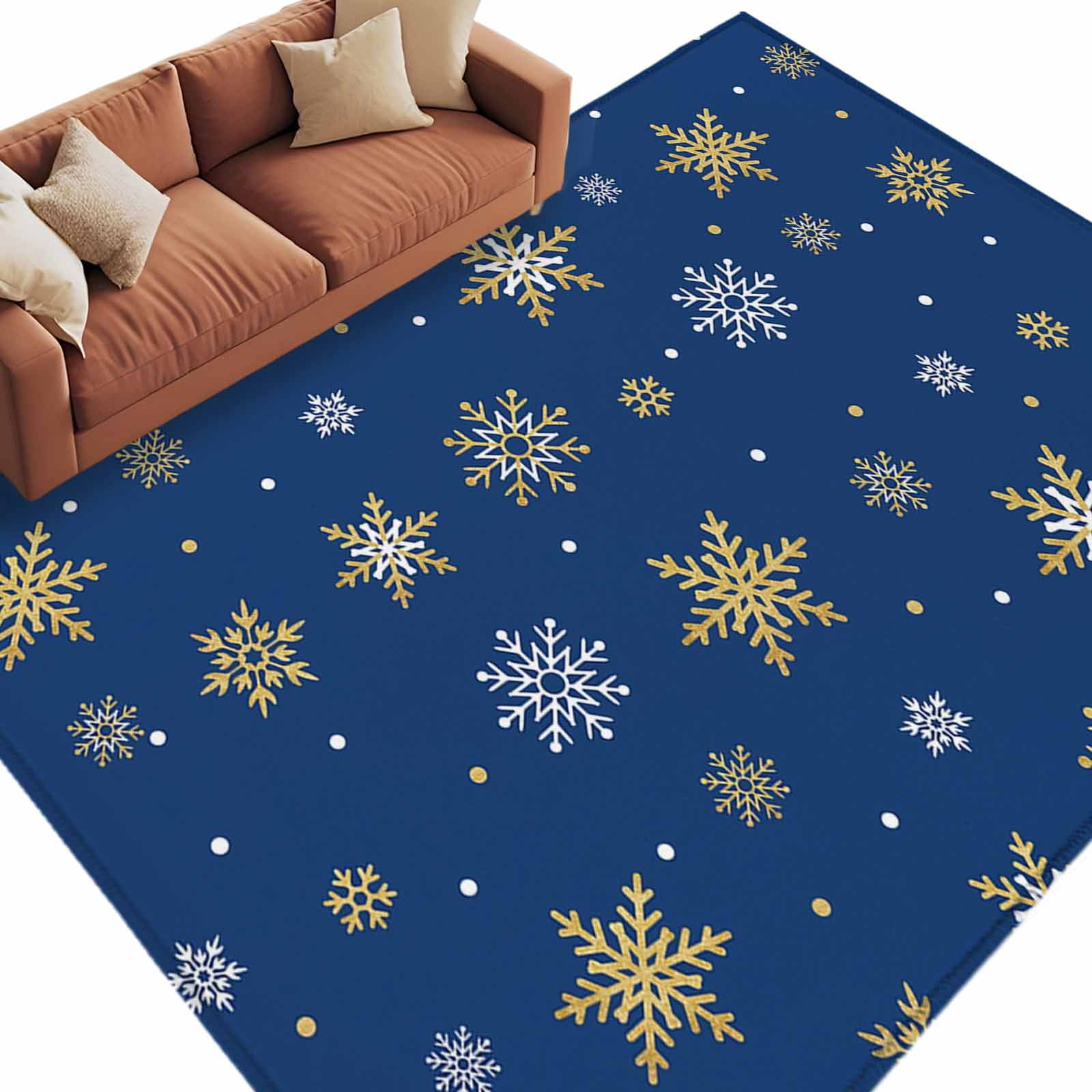 Round Blue Snowflake Rug Christmas Gold Area Rug 5x8ft and White Snowflake Dark Blue Non-Slip ...