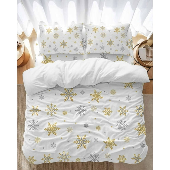 Christmas Gold Bedding Duvet Cover Set King Size 4 Pieces and Grey Snowflake White Soft Twill Plush Quilt Cover, Include 1 Duvet Cover 1 Flat Sheet And 2 Pillow