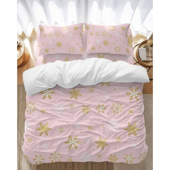 Christmas Gold Bedding Duvet Cover Set King Size 4 Pieces and White Snowflake Pink Soft Twill Plush Quilt Cover, Include 1 Duvet Cover 1 Flat Sheet And 2 Pillow