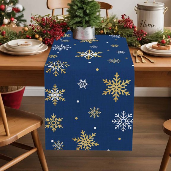 Christmas Gold Cotton Linen Table Runner and White Snowflake Dark Blue Dining Table Runners for Home Decor Party Dining Room Restaurant Kitchen Party 13" x 36"