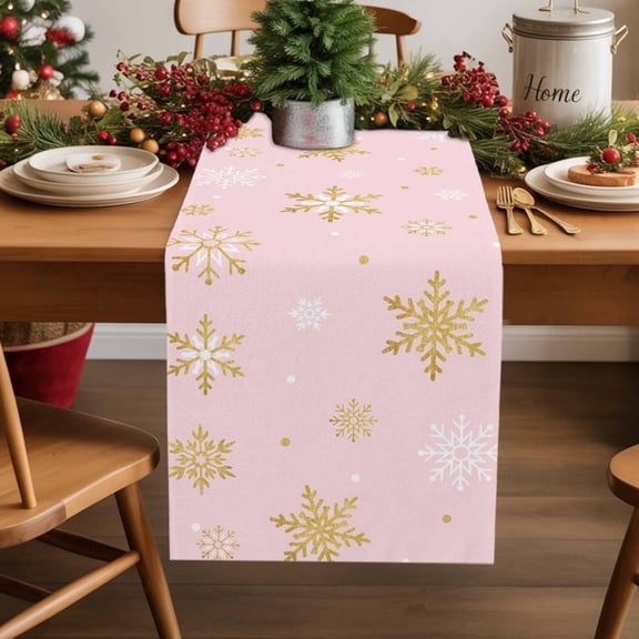 Christmas Gold Cotton Linen Table Runner and White Snowflake Pink Dining Table Runners for Home Decor Party Dining Room Restaurant Kitchen Party 13" x 72"