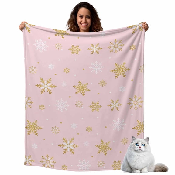 Christmas Gold Fleece Throw Blanket Lightweight and White Snowflake Pink Fuzzy Flannel Throws Super Soft Cozy Flannel Blanket for Couch, Sofa, Bed, Travel 60"x80"