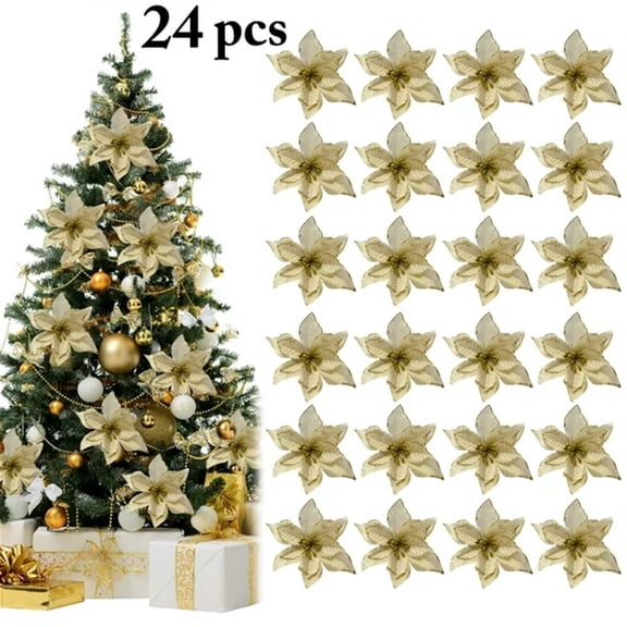 Christmas Gold Glitter Poinsettia Flowers Artificial Picks with Layered Mesh Petals, Rustic Faux Stems for Holiday Centerpiece and Tree Decor, Festive Gold Table Decor Set of 24