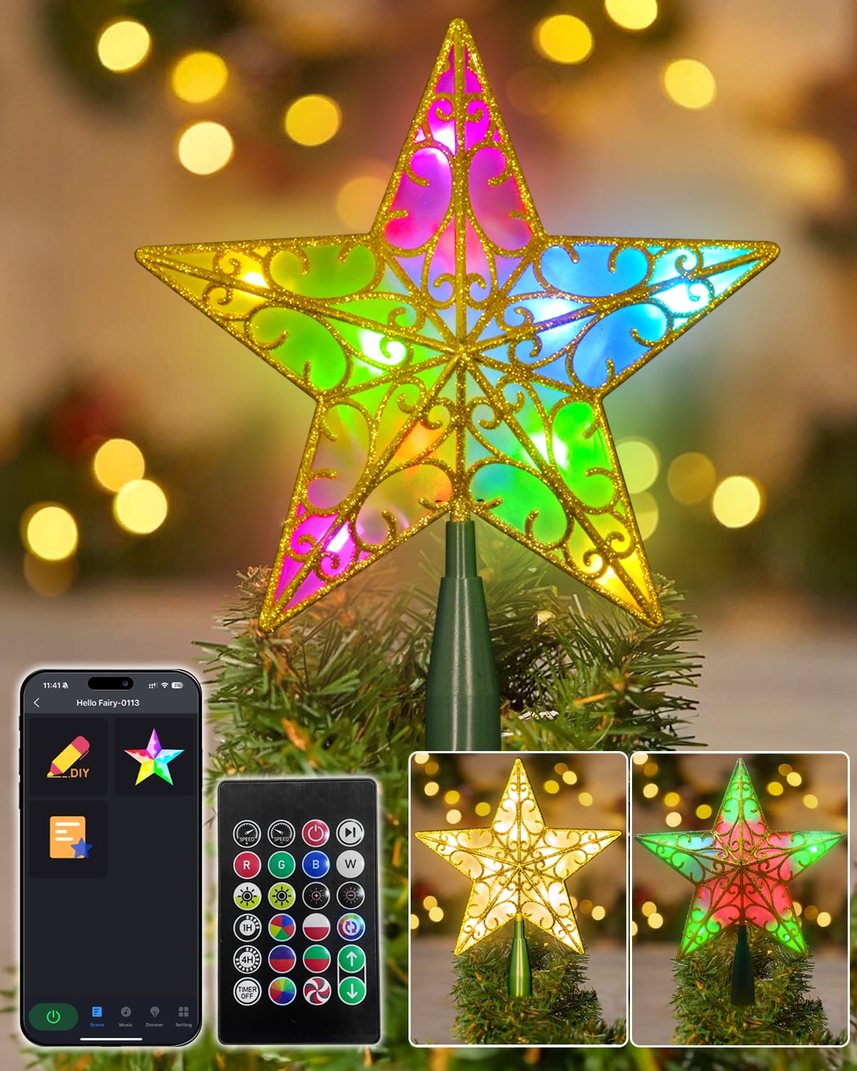 Gold Glitter 9-Inch Star Christmas Tree Topper with Smart Light