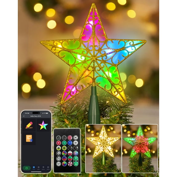 Christmas Gold Glitter Tree Topper Smart Light 9-Inch Star Color Changing with App Control DIY Customizable Music Sync Mode Remote Control USB Powered Waterproof for Xmas Party Holida
