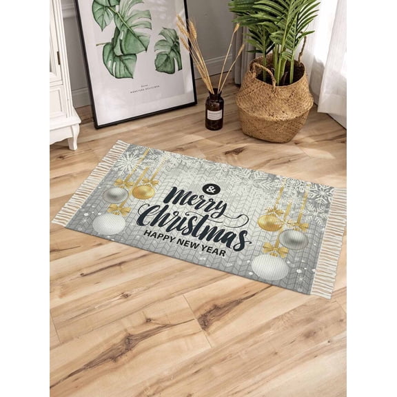 Christmas Gold Grey Bath Rug 2x3ft Woven Bathroom Entryway Runner Rug,Winter Snowflakes Xmas Balls Geometric Living Room Hallway Bedroom Kitchen Carpet with Tassels,Indoor Outdoor Throw Doormat