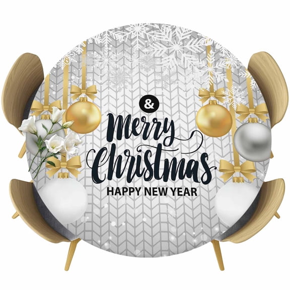 Christmas Gold Grey Table Cloth, Round Fitted Tablecloths with Elastic Edge, Winter Snowflakes Xmas Balls Geometric Wipeable Waterproof Table Cover for Kitchen Wedding 45-54 Inches
