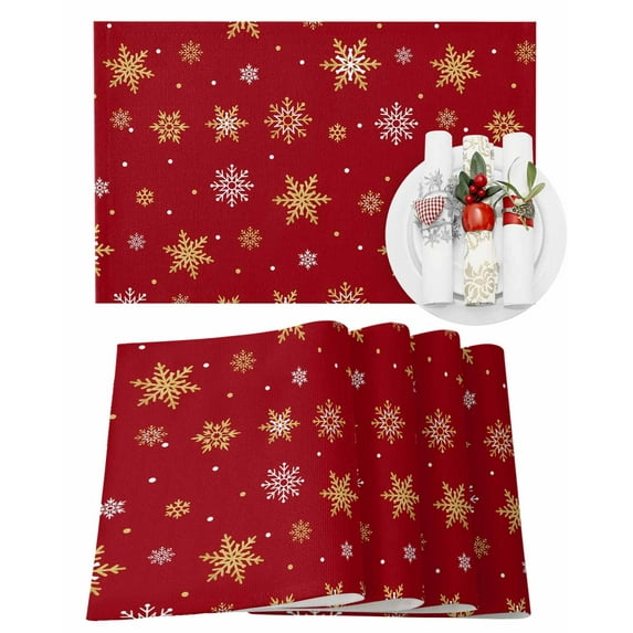 Christmas Gold Placemats Set of 4 and White Snowflake Red Heat Insulation Washable Place Mats, Rustic Non-Slip Table Mats for Dining Table Party Kitchen Decor,13x19 Inch