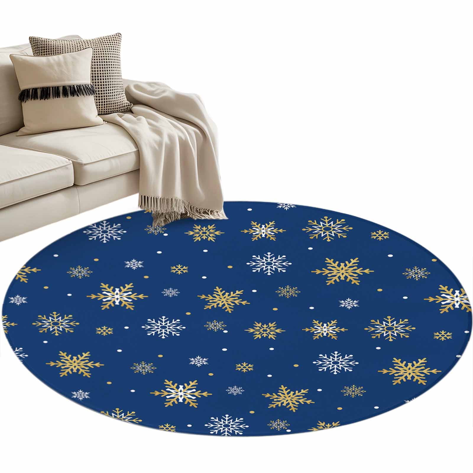 Round Blue Snowflake Rug Christmas Gold Round Area Rug 4ft and White Snowflake Dark Blue Non ...