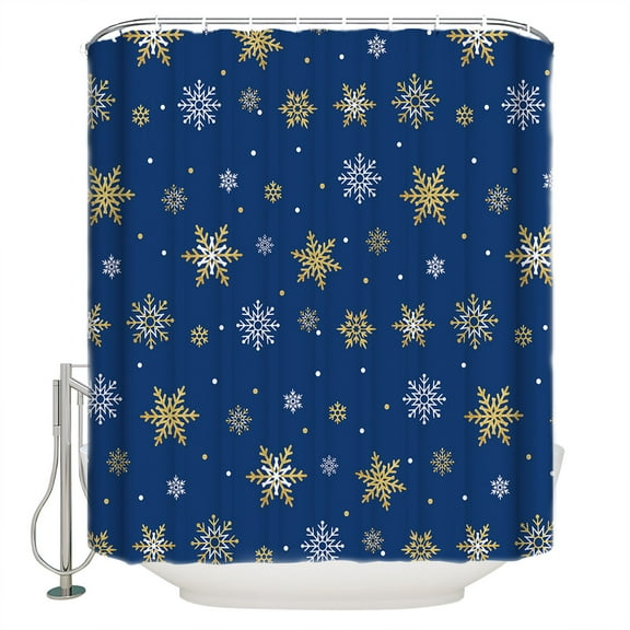 Christmas Gold Shower Curtain, 66" x 72", and White Snowflake Dark Blue Waterproof Bathroom Curtain Washable Shower Curtain Set with 12 Hooks