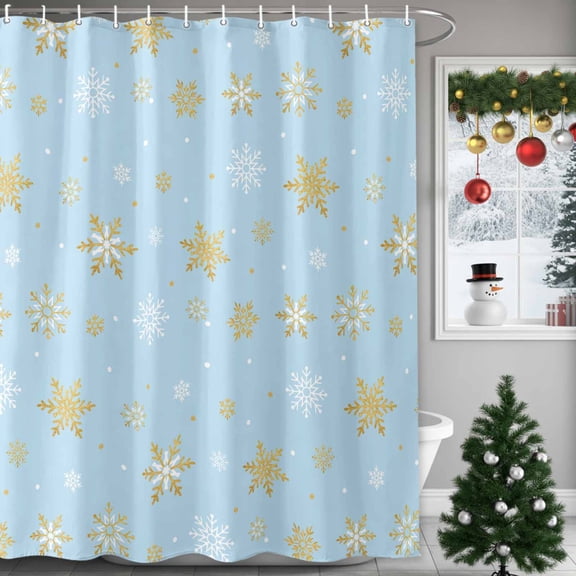 Christmas Gold Shower Curtains for Bathroom, and White Snowflake Light Blue Waterproof Fabric Shower Curtain for Bathroom Bathtub Decoration, Machine Washable, 60"x72"