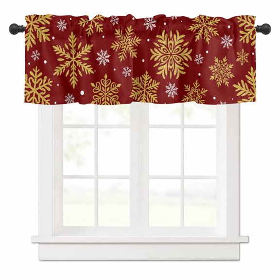 Christmas Gold Snowflake Valances for Windows Winter Modern Xmas Red Background Rod Pocket Curtain Valance Window Treatment Short Curtains for Kitchen Living Room, 42"x12"