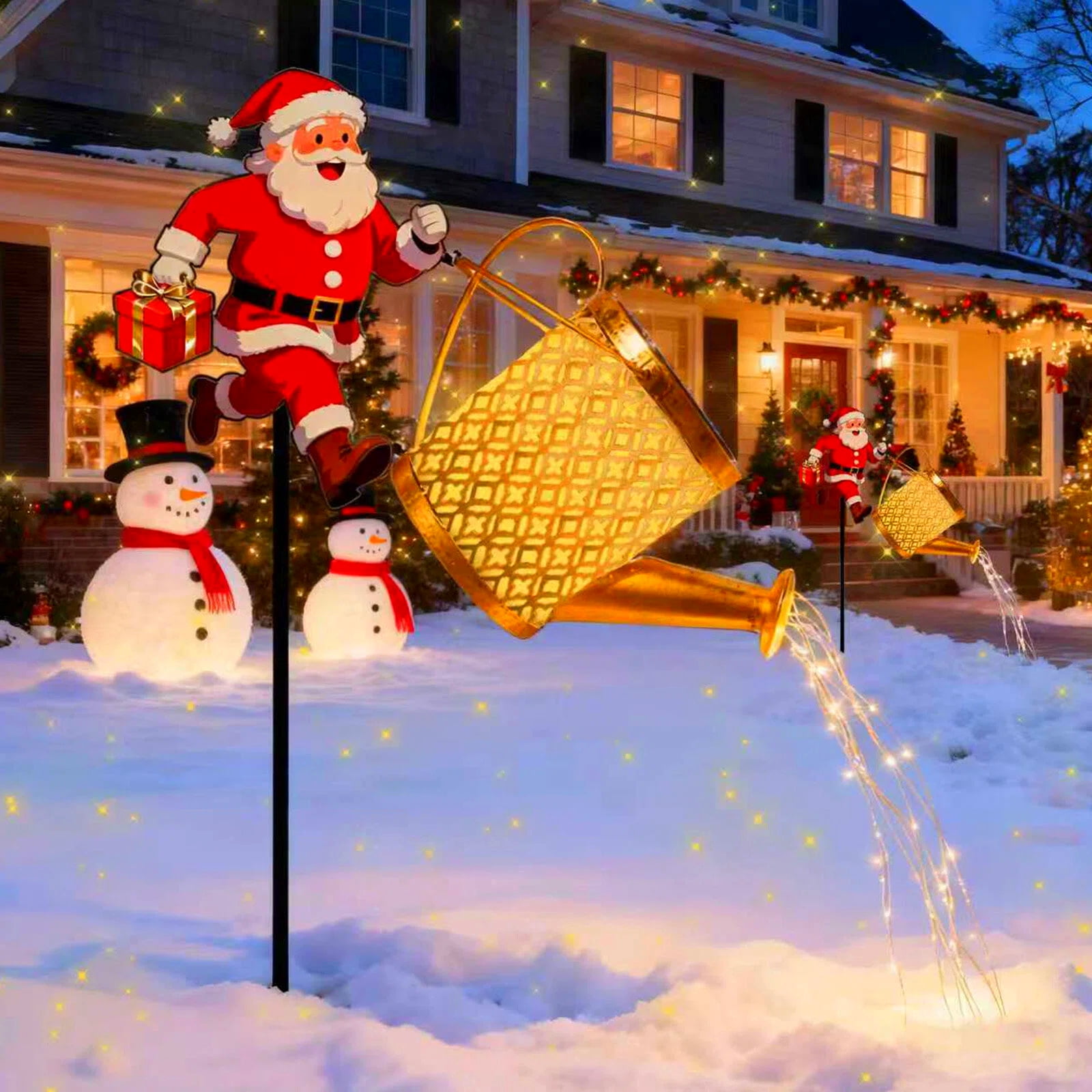 Christmas Gold Solar Running Santa Kettle Lights Garden Lawn Decorative Lights,Garden Solar Watering Can Light Christmas Ground Light Outdoor Xmas Yard Decor Lamp for Outside Gardens Gift Lawn Patio