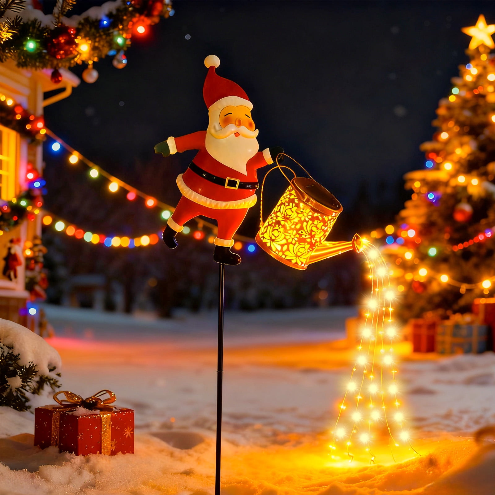 Christmas Gold Solar Santa Kettle Lights Garden Lawn Decorative Lights,Garden Solar Watering Can Light Christmas Santa Ground Light Outdoor Xmas Yard Decor Lamp for Outside Gardens Gift Lawn Patio