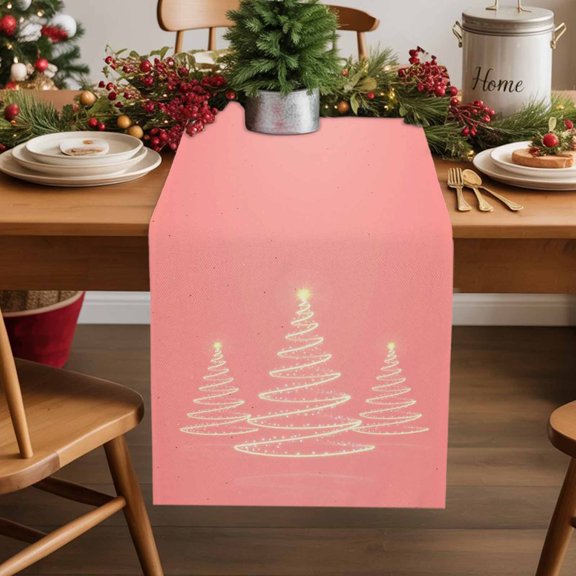Christmas Gold Stripe Tree Table Runner 13x48in Non-Slip Cotton Linen Table Runners, Xmas Trees on Pink Dresser Scarves TableRunner for Dinner Kitchen Dining Wedding Party